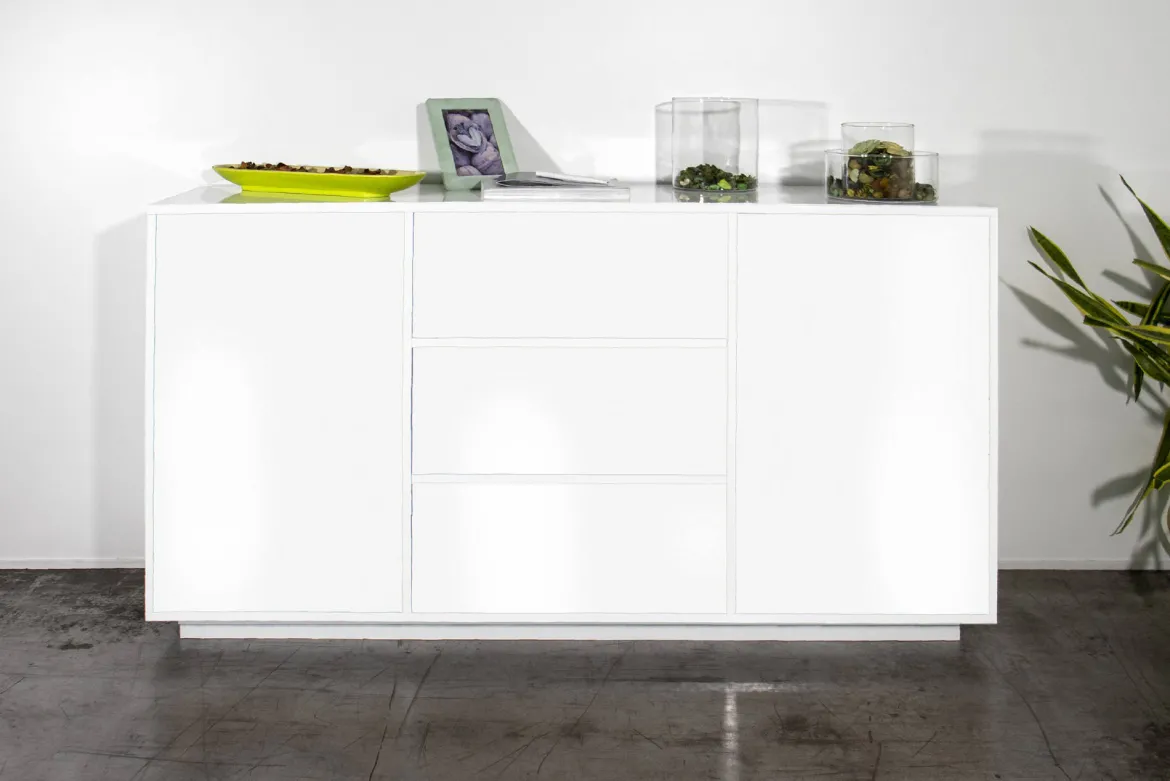 Credenza bianco lucida 160x41x86h cm 2 ante e 3 cassetti - Aysha