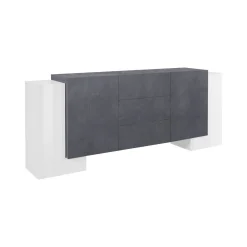 Credenza Bianco Lucido Grigio Ardesia 4 Ripiani 3 Cassetti 210x45x85h cm, 4 Ante Made in Italy - Alchemy