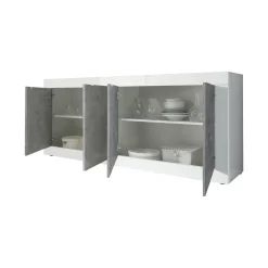 Credenza Bianco Lucido Grigio Cemento 2 Ripiani 4 Vani 207x43x86h cm, 4 Ante - Poli