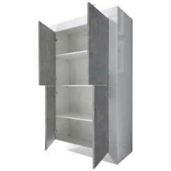 Credenza Bianco Lucido Grigio Cemento 3 Ripiani 4 Vani 101.4x42x161.2h cm, 4 Ante - Sampeyre