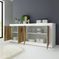 Credenza Bianco Lucido Marrone Pero 2 Ripiani 4 Ante 207x43x86h cm, 4 Vani - Poli