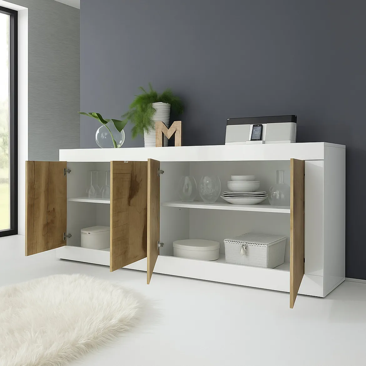 Credenza Bianco Lucido Marrone Pero 2 Ripiani 4 Ante 207x43x86h cm, 4 Vani - Poli