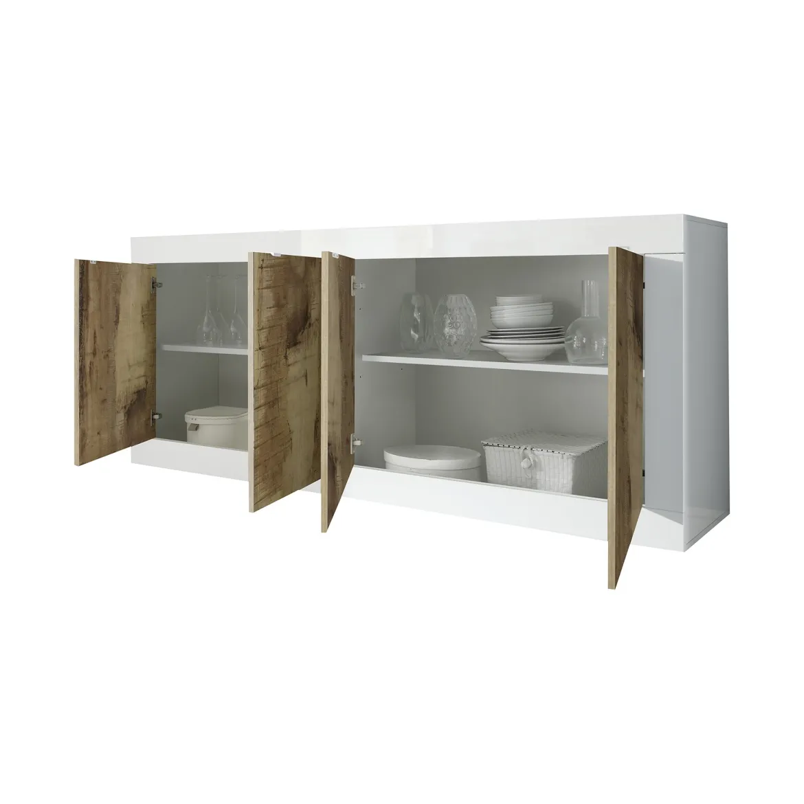 Credenza Bianco Lucido Marrone Pero 2 Ripiani 4 Ante 207x43x86h cm, 4 Vani - Poli