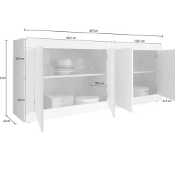 Credenza Bianco Lucido Marrone Pero 2 Ripiani 4 Ante 207x43x86h cm, 4 Vani - Poli