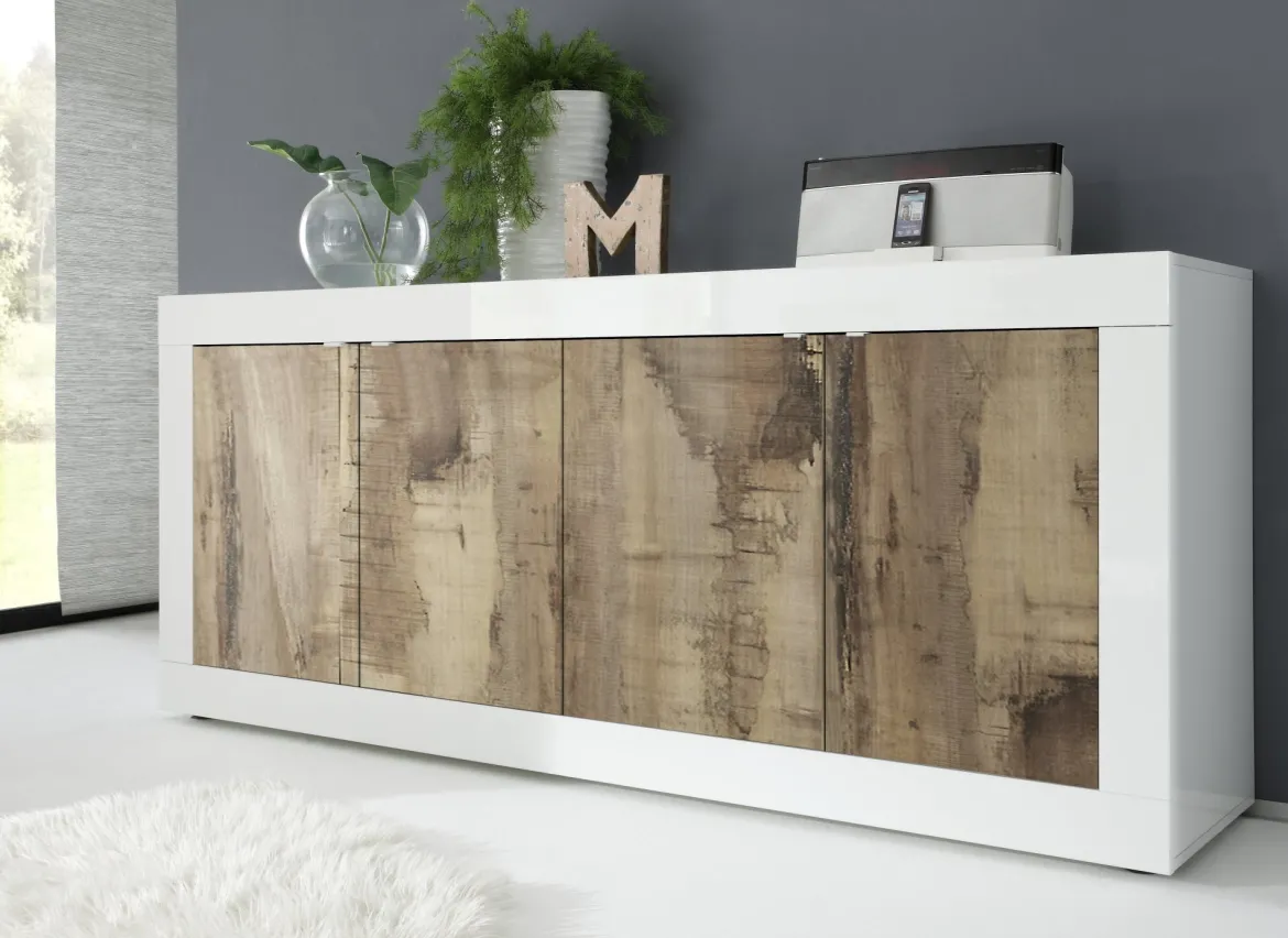 Credenza Bianco Lucido Marrone Pero 2 Ripiani 4 Ante 207x43x86h cm, 4 Vani - Poli