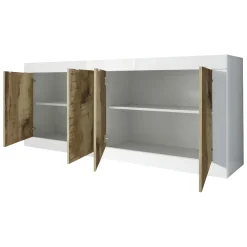 Credenza Bianco Lucido Marrone Pero 2 Ripiani 4 Ante 207x43x86h cm, 4 Vani - Poli