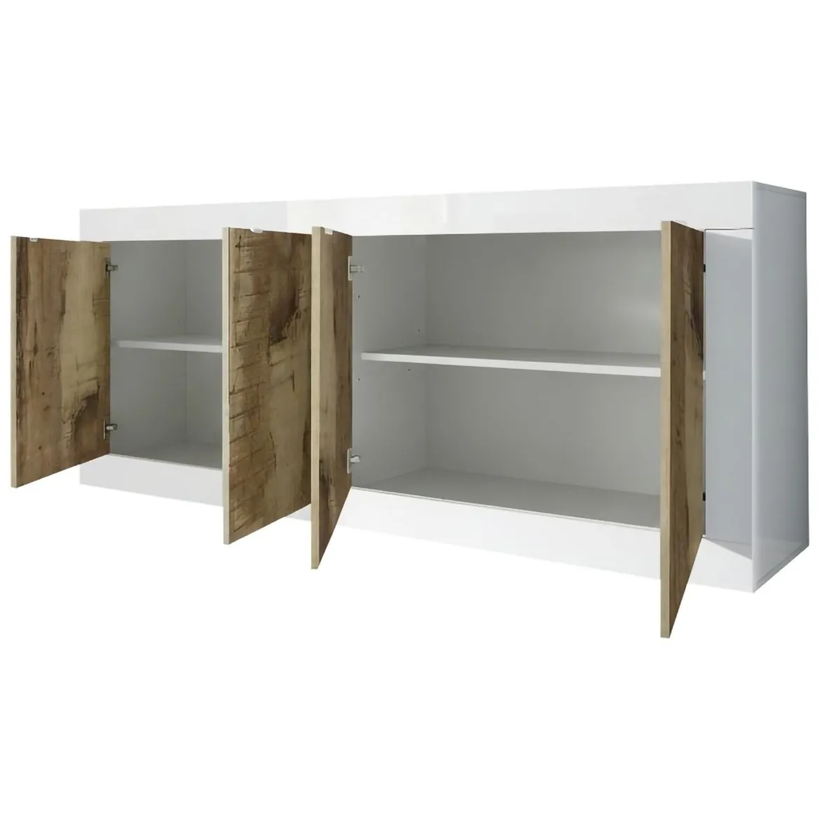Credenza Bianco Lucido Marrone Pero 2 Ripiani 4 Ante 207x43x86h cm, 4 Vani - Poli