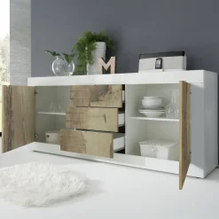 Credenza Bianco Lucido Marrone Pero 3 Cassetti 2 Ripiani 210x42x85.8h cm, 2 Ante - Pasubio