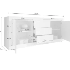 Credenza Bianco Lucido Marrone Pero 3 Cassetti 2 Ripiani 210x42x85.8h cm, 2 Ante - Pasubio