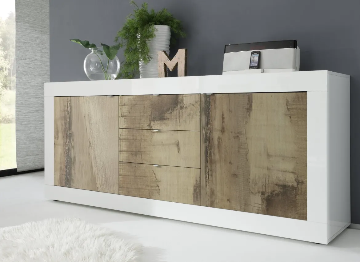 Credenza Bianco Lucido Marrone Pero 3 Cassetti 2 Ripiani 210x42x85.8h cm, 2 Ante - Pasubio