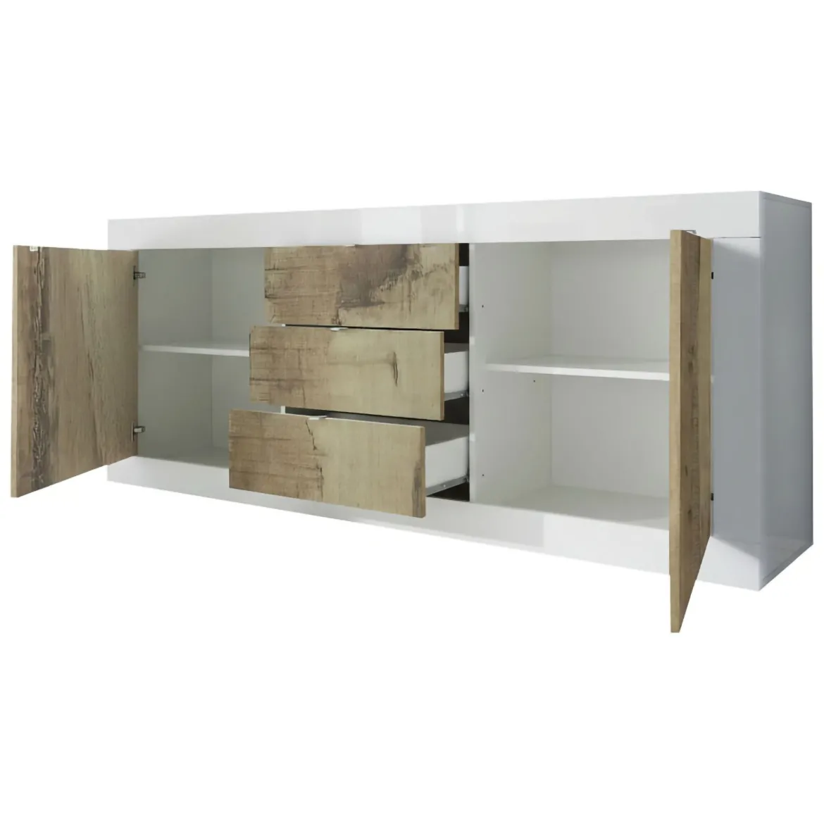 Credenza Bianco Lucido Marrone Pero 3 Cassetti 2 Ripiani 210x42x85.8h cm, 2 Ante - Pasubio