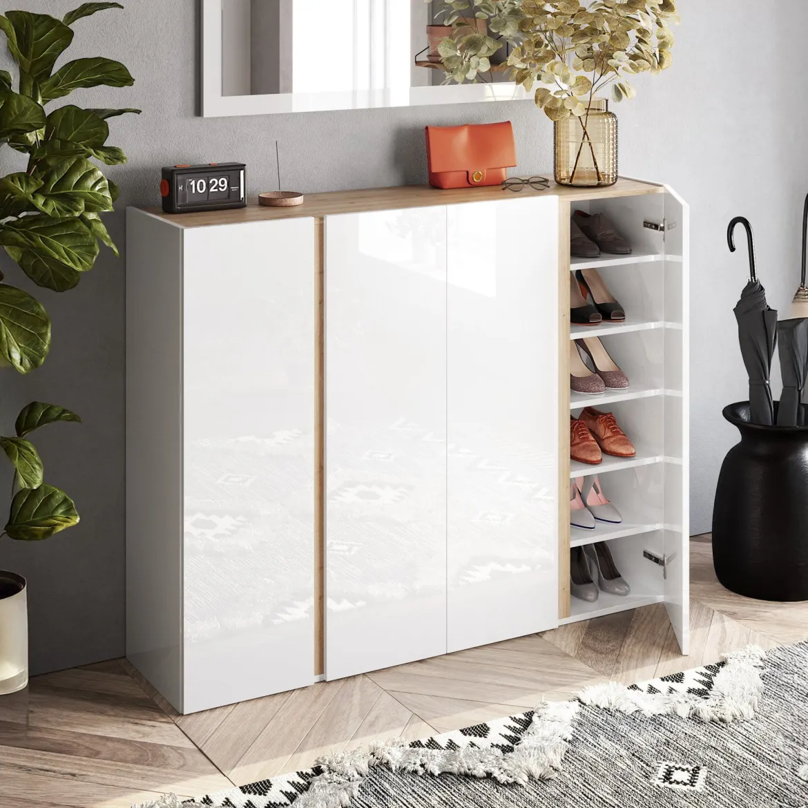 Credenza Bianco Lucido Marrone Rovere 3 Ripiani Apertura Battente 138x40x91h cm, 3 Ante - Haka