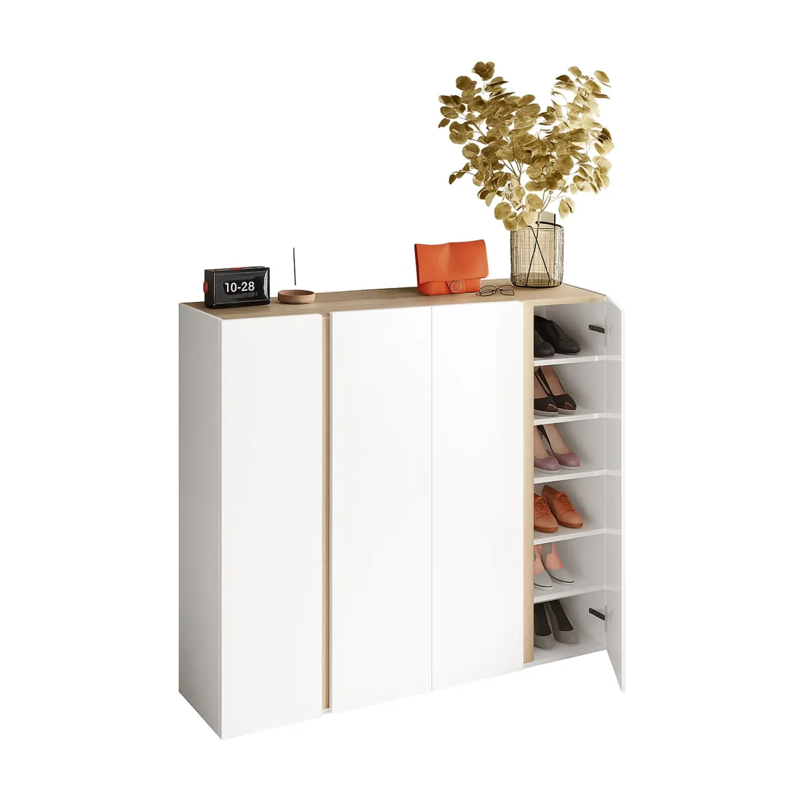 Credenza Bianco Lucido Marrone Rovere 3 Ripiani Apertura Battente 138x40x91h cm, 3 Ante - Haka
