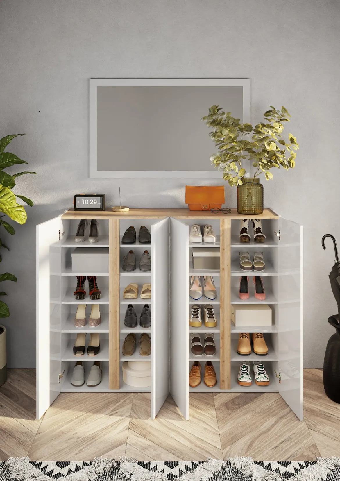 Credenza Bianco Lucido Marrone Rovere 3 Ripiani Apertura Battente 138x40x91h cm, 3 Ante - Haka