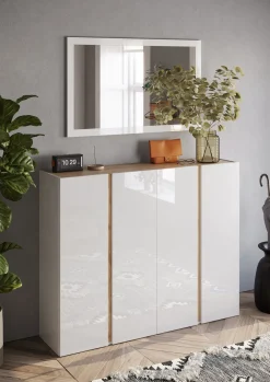 Credenza Bianco Lucido Marrone Rovere 3 Ripiani Apertura Battente 138x40x91h cm, 3 Ante - Haka