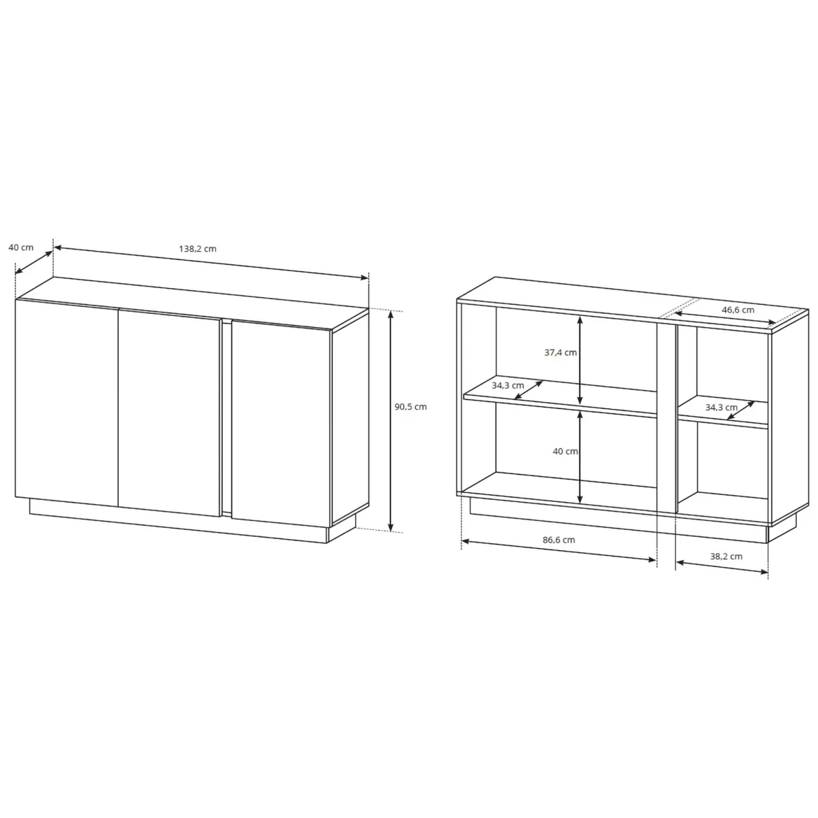 Credenza Bianco Lucido Marrone Rovere 3 Ripiani Apertura Battente 138x40x91h cm, 3 Ante - Hala