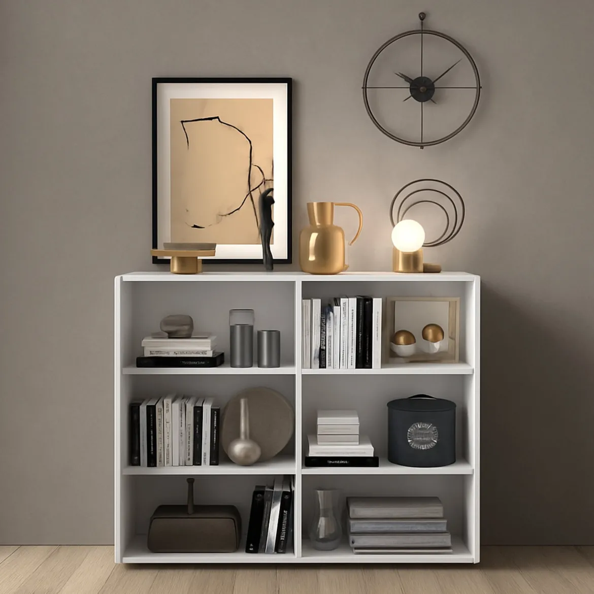 Credenza Bianco Lucido Marrone Rovere 6 Ripiani Apertura Battente 160x35x70h cm, 4 Ante Made in Italy - Swink