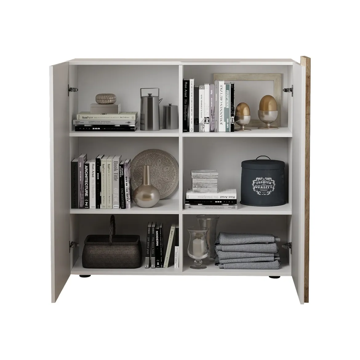 Credenza Bianco Lucido Marrone Rovere 6 Ripiani Apertura Battente 160x35x70h cm, 4 Ante Made in Italy - Swink