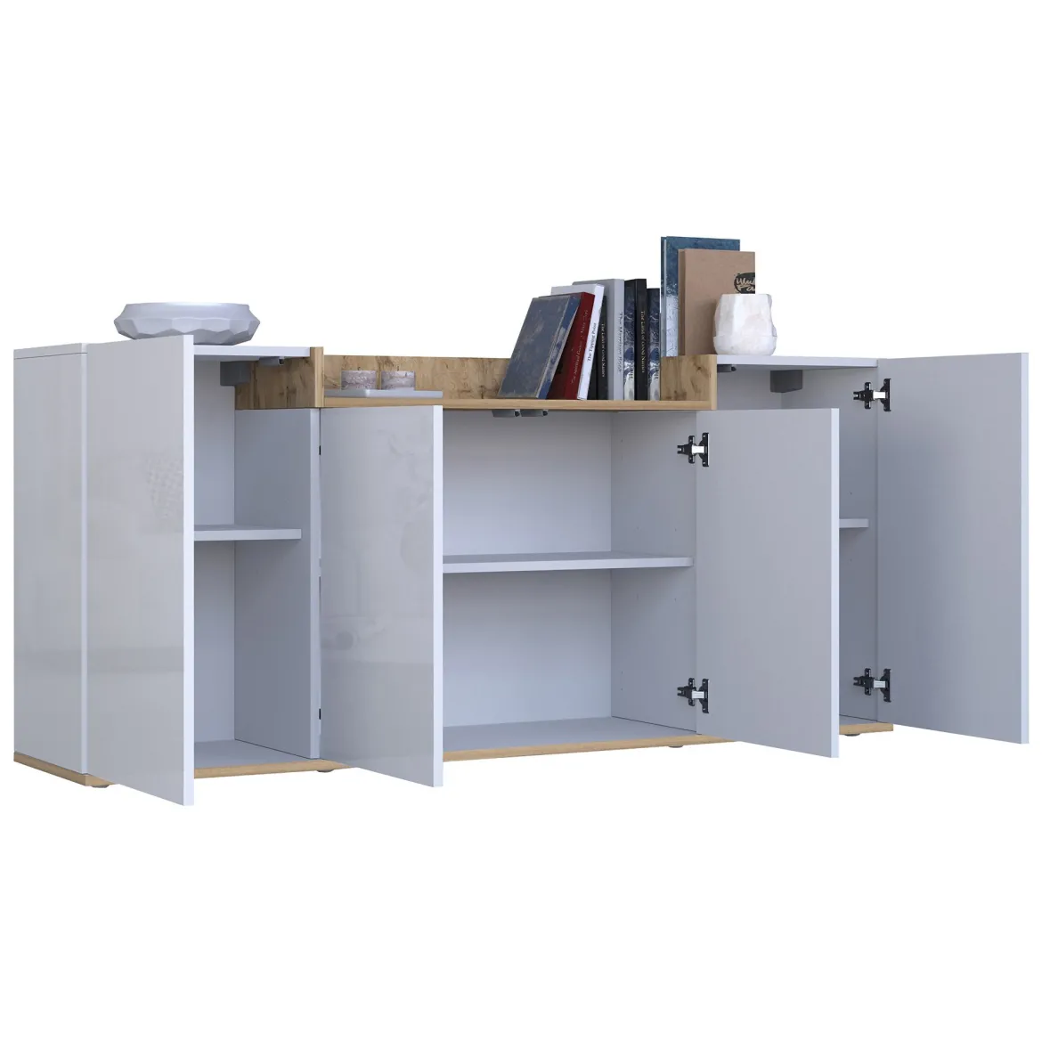 Credenza Bianco Lucido Marrone Rovere 6 Ripiani Apertura Battente 160x35x70h cm, 4 Ante Made in Italy - Swink