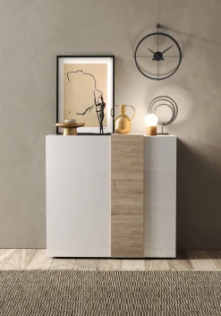 Credenza Bianco Lucido Marrone Rovere 6 Ripiani Apertura Battente 160x35x70h cm, 4 Ante Made in Italy - Swink