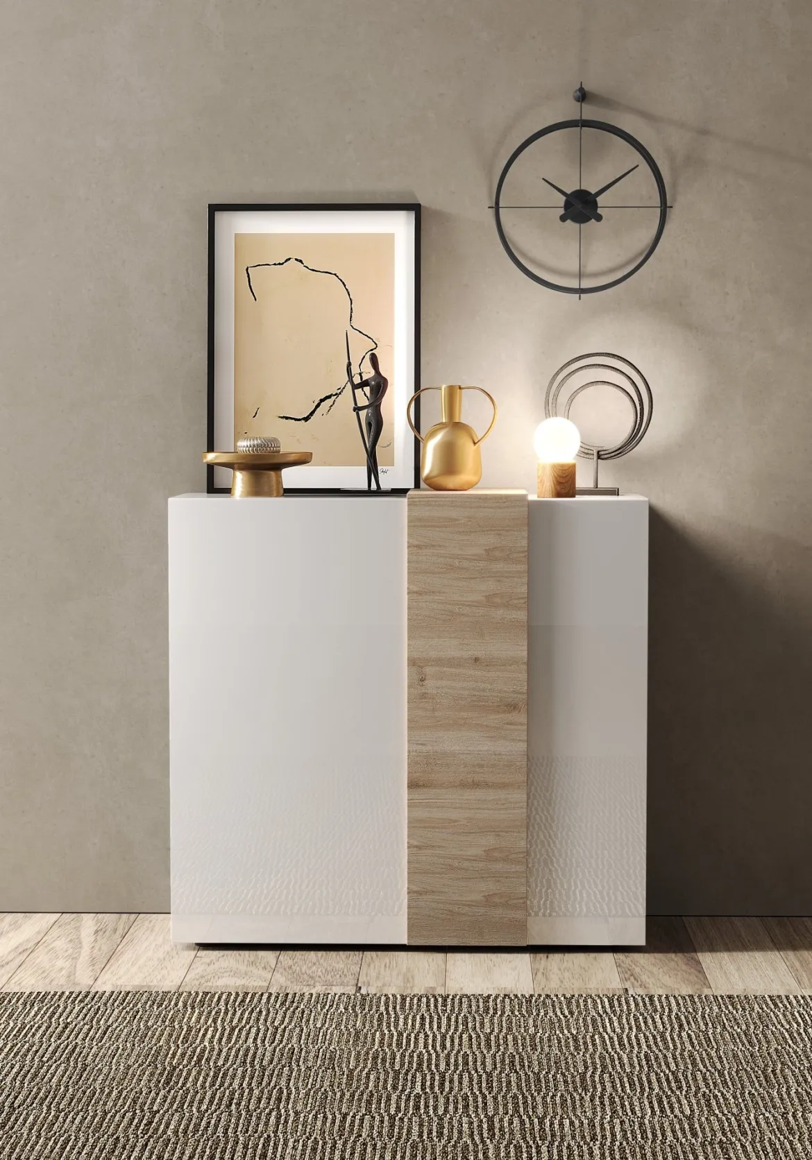 Credenza Bianco Lucido Marrone Rovere 6 Ripiani Apertura Battente 160x35x70h cm, 4 Ante Made in Italy - Swink