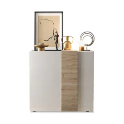 Credenza Bianco Lucido Marrone Rovere 6 Ripiani Apertura Battente 160x35x70h cm, 4 Ante Made in Italy - Swink