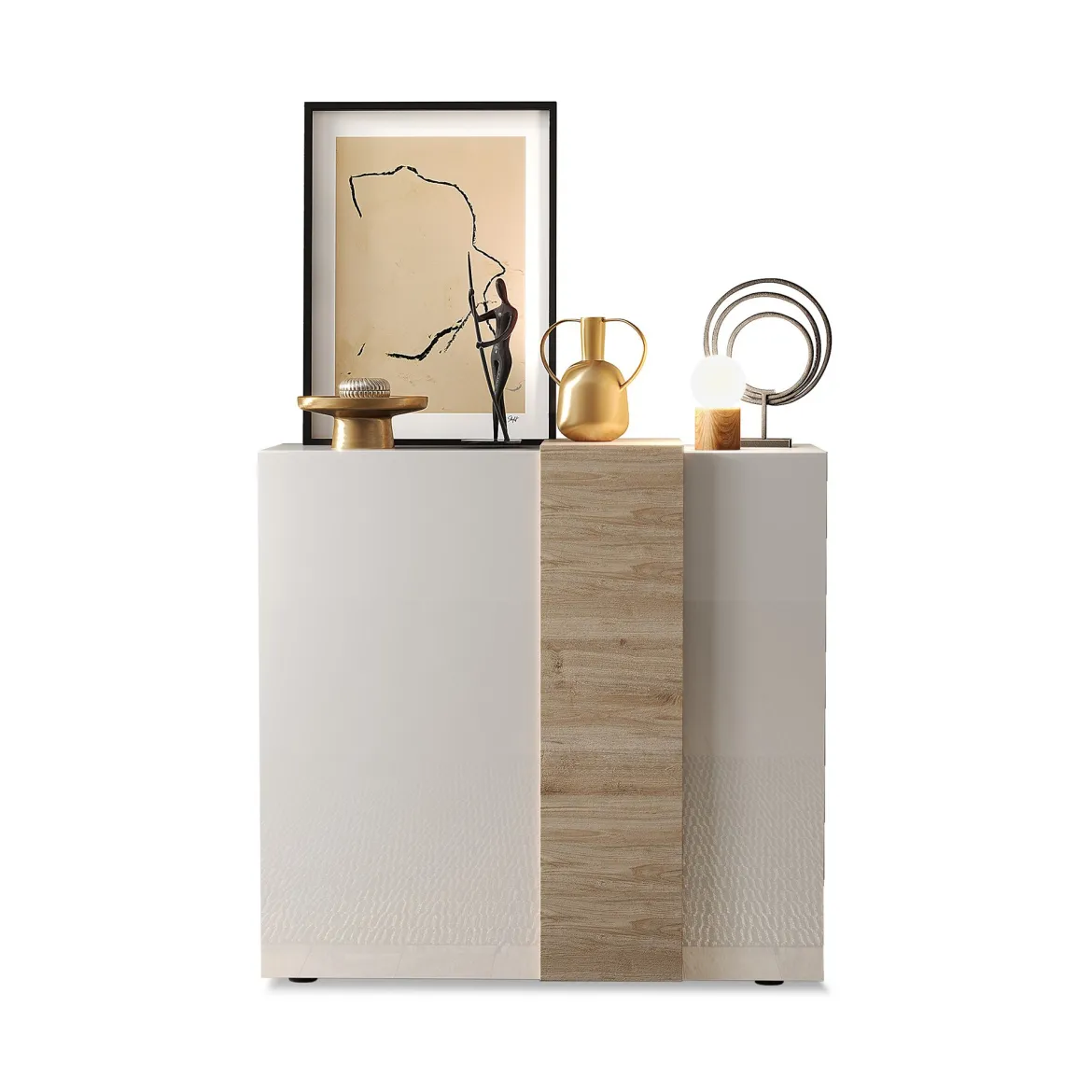Credenza Bianco Lucido Marrone Rovere 6 Ripiani Apertura Battente 160x35x70h cm, 4 Ante Made in Italy - Swink