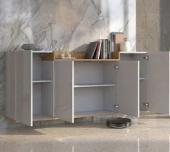 Credenza Bianco Lucido Marrone Rovere 6 Ripiani Apertura Battente 160x35x70h cm, 4 Ante Made in Italy - Swink