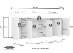 Credenza Bianco Lucido Marrone Rovere 7 Ripiani Apertura Battente 200x35x70h cm, 5 Ante Made in Italy - Cordele