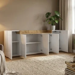 Credenza Bianco Lucido Marrone Rovere 7 Ripiani Apertura Battente 200x35x70h cm, 5 Ante Made in Italy - Cordele