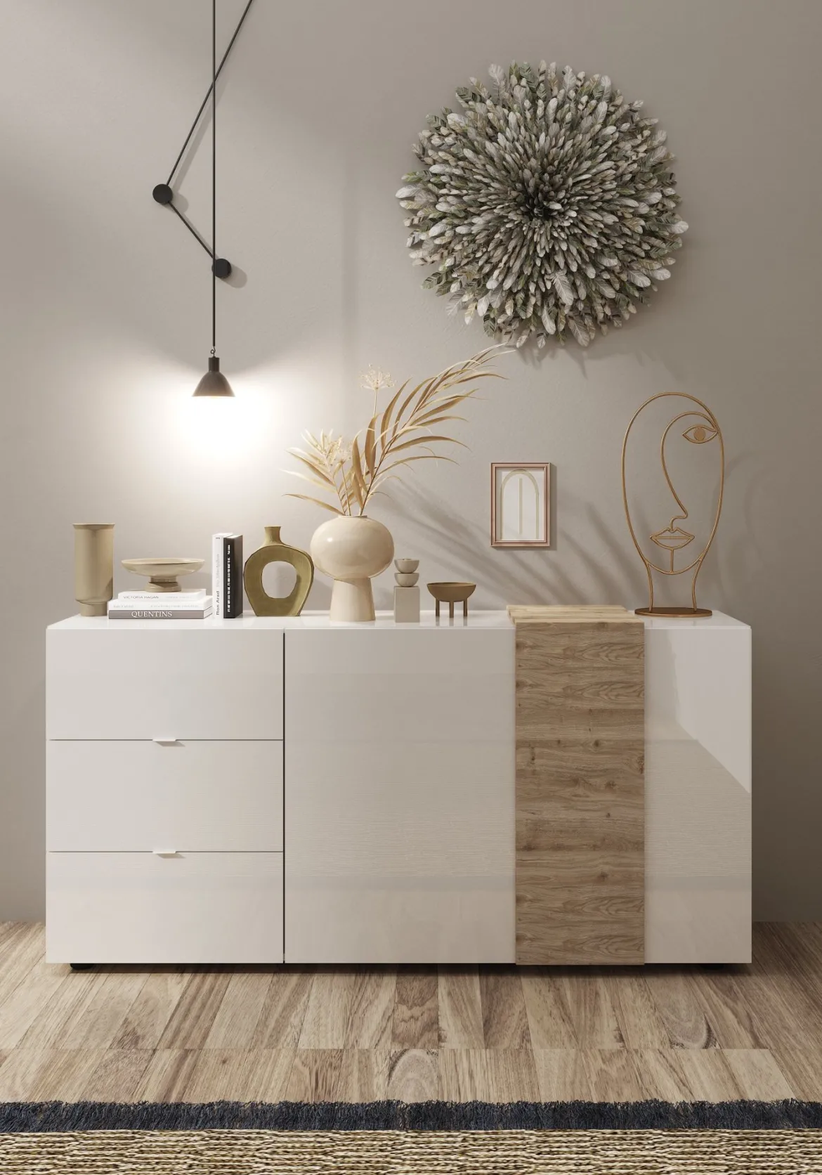 Credenza Bianco Lucido 2 Ripiani 3 Cassetti 181x44x84h cm, 4 Vani - Busi