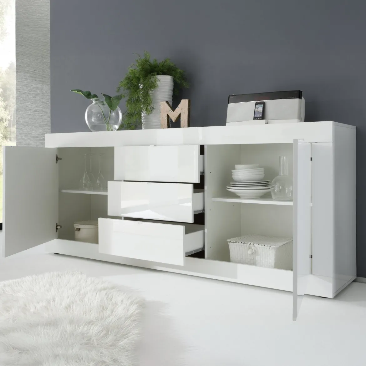Credenza Bianco Lucido 2 Ripiani 3 Cassetti 210x42x85.8h cm, 4 Vani - Pasubio