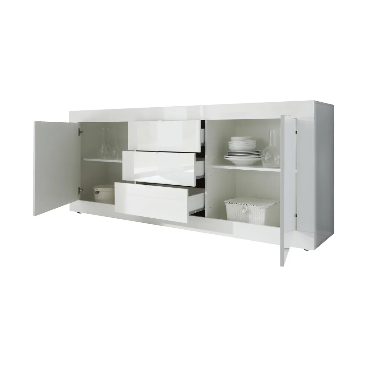 Credenza Bianco Lucido 2 Ripiani 3 Cassetti 210x42x85.8h cm, 4 Vani - Pasubio