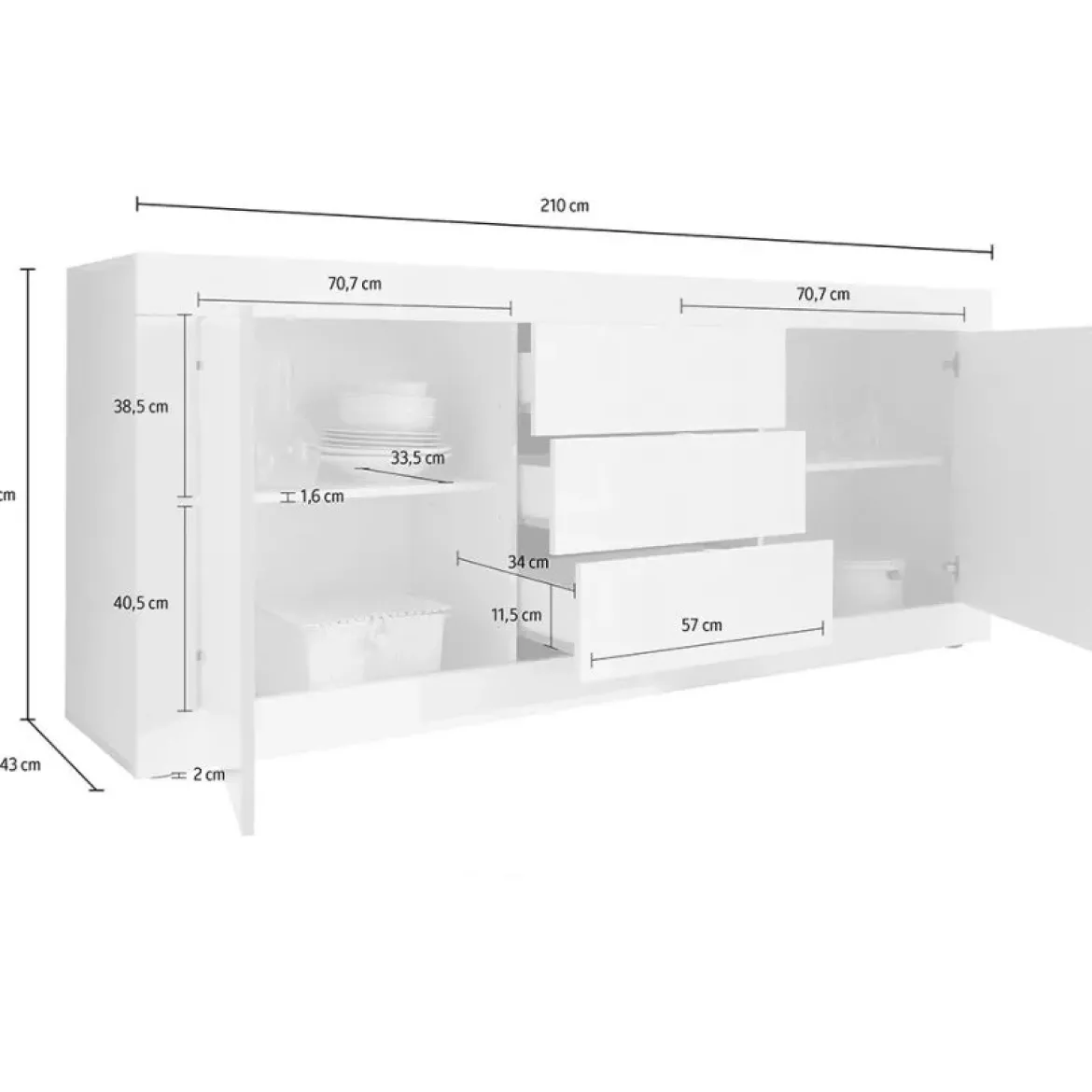 Credenza Bianco Lucido 2 Ripiani 3 Cassetti 210x42x85.8h cm, 4 Vani - Pasubio