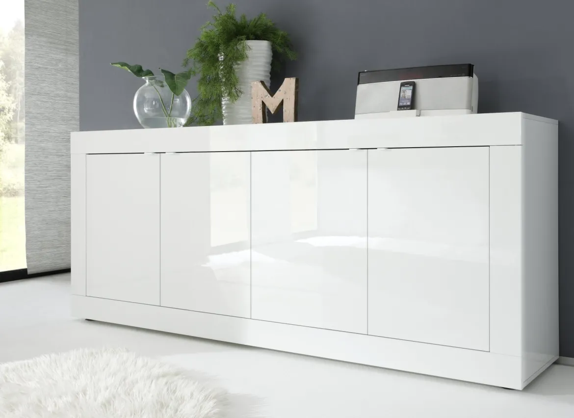 Credenza Bianco Lucido 2 Ripiani 4 Vani 207x43x86h cm, 4 Ante - Poli