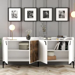 Credenza Bianco Marrone Noce 2 Ripiani 4 Ante 180x35x78h cm, 1 Anta Effetto Legno - Elini