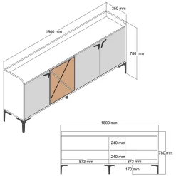Credenza Bianco Marrone Noce 2 Ripiani 4 Ante 180x35x78h cm, 1 Anta Effetto Legno - Elini