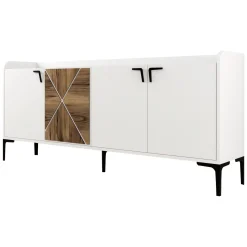 Credenza Bianco Marrone Noce 2 Ripiani 4 Ante 180x35x78h cm, 1 Anta Effetto Legno - Elini