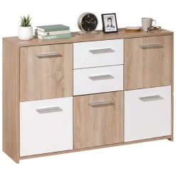 Credenza Bianco Marrone Quercia 2 Cassetti Apertura Battente, Scorrevole 115x30x77h cm, 5 Ante - Pianisi
