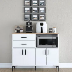 Credenza Bianco Marrone Rovere 2 Cassetti 2 Ripiani 120x40x99h cm, Apertura Battente, Scorrevole - Cavriana