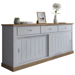 Credenza Bianco Marrone Rovere 3 Cassetti 2 Ripiani 220x50x95h cm, Apertura Scorrevole - Malonno