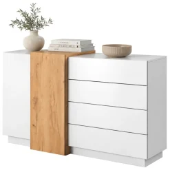 Credenza Bianco Marrone Rovere 4 Cassetti 2 Ripiani 160x45x94h cm, Apertura Battente, Scorrevole - Hadarari