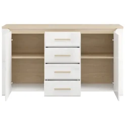 Credenza Bianco Marrone Rovere 4 Cassetti 3 Ripiani 154x41x88h cm, Apertura Battente, Scorrevole - Barone