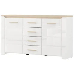 Credenza Bianco Marrone Rovere 4 Cassetti 3 Ripiani 154x41x88h cm, Apertura Battente, Scorrevole - Barone
