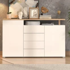 Credenza Bianco Marrone Rovere 4 Cassetti 4 Ripiani 154x40x94h cm, Apertura Battente e Scorrevole - Levate