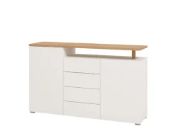 Credenza Bianco Marrone Rovere 4 Cassetti 4 Ripiani 154x40x94h cm, Apertura Battente e Scorrevole - Levate