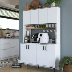 Credenza Bianco Marrone Rovere 4 Ripiani 8 Vani 180x40x79h cm, 4 Ante - Rottaro