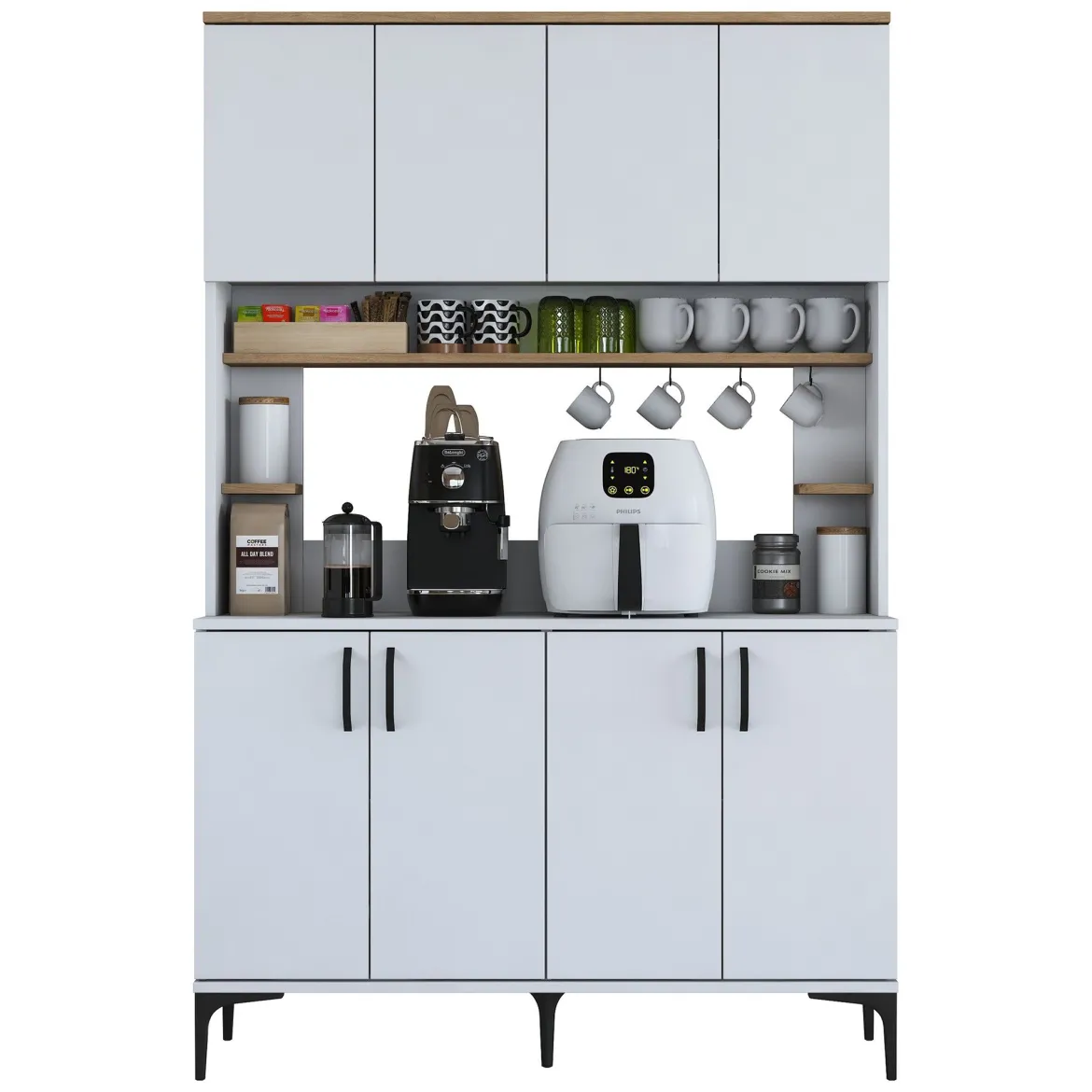 Credenza Bianco Marrone Rovere 4 Ripiani 8 Vani 120x40x187h cm, 8 Ante - Legnaro