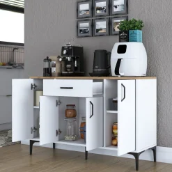 Credenza Bianco Marrone Rovere un Cassetto 2 Ripiani 120x40x79h cm, Apertura Battente, Scorrevole - Piobbico
