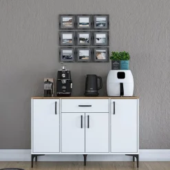 Credenza Bianco Marrone Rovere un Cassetto 2 Ripiani 120x40x79h cm, Apertura Battente, Scorrevole - Piobbico